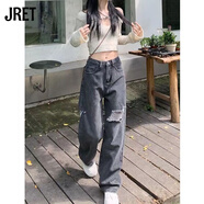 Jret直筒褲子女新款復古破洞牛仔褲女寬松顯瘦高腰闊腿褲拖地長(cháng)褲潮 黑灰色 破洞牛仔褲 S 81-95斤
