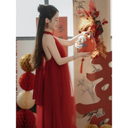 玉極虞吊帶掛脖紅色網(wǎng)紗蝴蝶結長(cháng)裙婚禮新娘晨袍露肩露背敬酒服晨拍禮服 主圖款 S