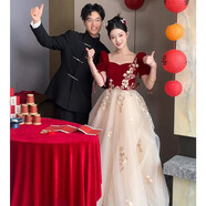 VZVY新娘敬酒服2025新款長袖高端輕奢小眾在逃公主裙訂婚出閣宴晚禮服 酒紅色 短袖 12XL 定制咨詢客服不退不換