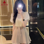 夏雨瑤重工亮片小個(gè)子穿搭一整套女夏季泡泡袖襯衫高腰百褶半身短裙套裝 套裝 （上衣+短裙） XL 【建議115-130斤】