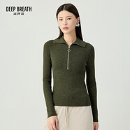 深呼吸DEEP BREATH女裝豎坑條拉鏈翻領(lǐng)修身純羊毛針織衫女A300996 墨綠 XL (5碼)