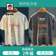 AEMAPE美式寬松短袖t恤男重磅潮流印花夏季上衣體恤休閑落肩半袖男衣服 杏色+黑灰 S