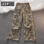 JEEP SPIRIT吉普美式水洗迷彩大口袋牛仔褲男女小眾高街嘻哈直筒闊腿工裝褲 沙漠色 L