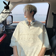 花花公子夏季短袖男款寬松鋼印五分袖青少年半袖體恤美式學(xué)院風(fēng)重磅T恤男 T2503-杏色 L 建議110-125斤