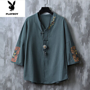 花花公子（PLAYBOY）中國(guó)風(fēng)男裝t恤夏季新中式亞麻七分半袖唐裝男款棉麻刺繡短袖漢服 灰藍(lán)色 【萬針刺繡工藝】 6XL 215斤至230斤可穿