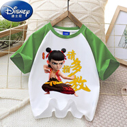 迪士尼（Disney）男童哪吒純棉短袖夏季2025新款時(shí)尚兒童卡通T袖帥氣男孩插肩上衣 綠色A款哪吒插肩短袖 130 (身高115-125cm)