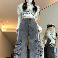 予瑾美式復(fù)古設(shè)計(jì)感側(cè)條紋牛仔褲女春秋寬松高腰辣妹多口袋工裝長褲子 黑色 S