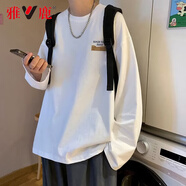 雅鹿純棉長(zhǎng)袖T恤男港風(fēng)潮牌寬松圓領(lǐng)夏季薄款體恤棉T潮流男女同款 396款白色-純棉 L 【建議體重100-120斤】
