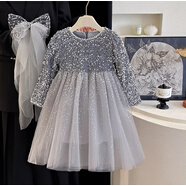 迪士尼女童冬連衣裙圣誕節服裝小女孩洋氣公主裙兒童紅色絲絨裙子加絨 亮片銀色加絨 100 cm