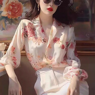源夫人輕奢小眾印花碎花防曬襯衫春秋新款復(fù)古港風(fēng)chic洋氣高端別致小衫 白色 S 【80-90斤】