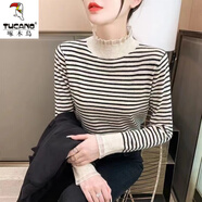 啄木鳥2024秋冬新款針織打底衫女毛衣洋氣條紋寬松高領(lǐng)百搭蕾絲時尚上衣 杏色條紋 M 95-110斤