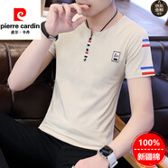 皮爾卡丹（pierre cardin）T恤男短袖潮牌個性上衣夏季薄款純棉衣服學(xué)生韓版潮流夏裝V領(lǐng)短袖 8K短袖 米色 100%不起球不掉色 M 100%不起球不掉色