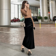 BJORN MOAN開(kāi)叉金絲絨半身裙女秋冬加絨加厚黑色包臀裙松緊腰女款顯瘦中長(cháng)裙 黑色 3XL 140-160斤