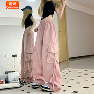 婍妡美式復古春夏工裝褲女高腰直筒闊腿飄帶寬松休閑拖地長褲潮 主圖款 L 建議110-120斤左右
