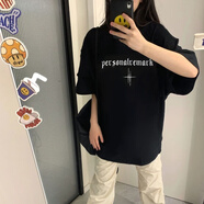 文頗100%純棉重磅260G潮牌字母夏季短袖歐美風高街男女插肩寬松T恤 260克-黑 3XL