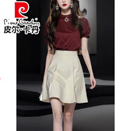 皮爾卡丹（pierre cardin）夏裝搭配一整套時(shí)尚洋氣減齡短袖上衣女高腰寬松顯瘦氣質(zhì)百搭短裙 兩件一套/酒紅色上衣+杏色短裙 M 建議85-100斤