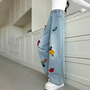 迪莎童話(huà)兒童裝女童牛仔褲刺繡寬松直筒長(cháng)褲中大童女裝新款學(xué)生闊腿褲 藍色 160