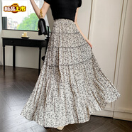 初徑復古褶皺印花春半身裙高腰垂感壓褶a字裙遮胯顯瘦百褶大擺長(cháng)裙子 白色-帶內襯 高品質(zhì) M 適合85-110斤