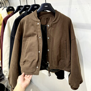 泡普四季青2024冬季新款立領(lǐng)絨內膽外套女短款小個(gè)子棒球絨服上衣 咖啡色 S 適合85-100斤