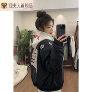 寇夫人HandSeven時尚2024新款男女款美式刺繡ins風(fēng)百搭韓版棉服外套 黑色 防風(fēng)夾棉款 M 穿到80-110斤