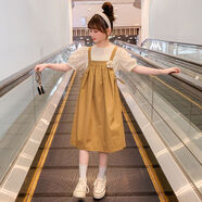 招晴瑜女童夏季套裝連衣裙2025新款洋氣小女孩中大童裙子兒童短袖背帶裙 卡其色(單件/背帶褲) 110 建議身高100CM左右