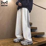 貓人褲子男款春秋夏季新款三條杠美式寬松棉質(zhì)直筒休閑運動(dòng)男生長(cháng)褲 M1918白花灰 L