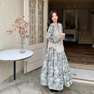 衣典零一（LEDIALYI）新中式國風(fēng)水墨畫連衣裙女2025春秋新款鏤空馬甲碎花裙子兩件套裝 圖片色 S （建議105斤以內(nèi)）