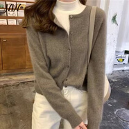 JZDZ春秋新款開衫女圓領針織毛衣短外套女春秋季韓版百短款打底衫 深駝色 商場同款 L 商場同款