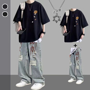 曙影（SHUYING）夏季套裝短袖T恤男生ins潮流設(shè)計感痞帥一套搭配男裝痞帥兩件套 M253黑色+項鏈+破洞牛仔褲藍(lán) L