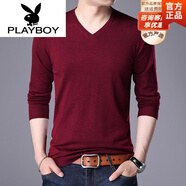 花花公子（PLAYBOY）品牌高端 羊毛針織衫男V領(lǐng)純色韓版毛衣男士雞心領(lǐng)長(cháng)袖薄款打底衫 花棗紅 L 170/110(120-140斤)