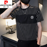 皮爾卡丹（pierre cardin）男士豎條紋T恤短袖刺繡字母潮牌男裝網(wǎng)紅同款夏季時(shí)尚半截袖上衣 M刺繡條紋】短袖 黑色 M 建議80-95斤