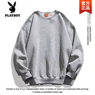 花花公子（PLAYBOY）淺灰色港風(fēng)圓領(lǐng)純色T恤寬松情侶裝春秋t恤慵懶風(fēng)加厚衛(wèi)衣上衣潮 淺灰色【保暖銀狐絨】高質(zhì)量 加 S