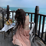 多菲尼森 法式性感純欲風(fēng)不規則露腰顯瘦吊帶連衣裙女三亞海邊度假長(cháng)裙 露腰吊帶連衣裙粉色 S 【40-50KG】