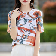 HMRSV桑蠶絲短袖T恤女2025夏季新款休閑時(shí)尚設計感涼感馬家印花上衣潮 橘鏈條印花833 L
