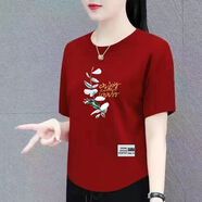 裝中老年短袖t恤女寬松大碼女裝半袖體桖衫洋氣減齡上衣 78下印酒紅色【中】一支蘭花 2XL