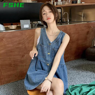 FSHE無袖背心牛仔連衣裙女夏季2025新款韓版寬松小個子休閑吊帶短裙子 淺藍色 XS