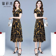 錦彩灣廣州十三行高端女裝夏裝精品連衣裙新款中老媽媽裝寬松大碼遮肚印 004至黃色 L