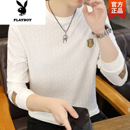花花公子（PLAYBOY）男士長(zhǎng)袖T恤春秋款內(nèi)搭打底衫2025新款t恤圓領(lǐng)提花繡標(biāo)春裝上衣 白色 M