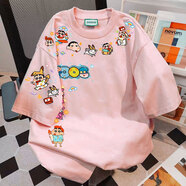 文頗100%純棉玫紅短袖t恤男女夏季爆款蠟筆小新設計感印花高級情侶上 180克-粉 M 建議95-110斤