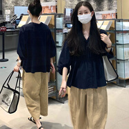 苒琦媽咪孕婦上衣夏裝韓版寬松褶皺襯衣春夏孕婦套裝夏季闊腿褲時尚兩件套 藏青色上衣（單件） L