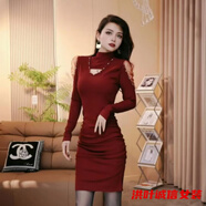 事思【加絨】時(shí)尚氣質(zhì)百搭重工鑲鉆網(wǎng)紗泡泡袖連衣裙鏤空半高領(lǐng) 酒紅色加絨) 2XL 125-135斤)