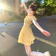 GOCHIEI法式甜美方領(lǐng)泡泡袖波點連衣裙子女夏季2025新款收腰蛋糕蓬蓬短裙 [黃色][初戀清純奶甜裙子/收 M