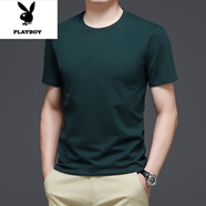 花花公子（PLAYBOY）紅色夏季純 棉短袖t恤男半袖寬松體恤打底衫中青年男士休閑上衣 墨綠 HQ201 M 適合100-120斤穿