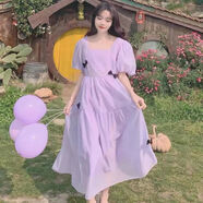 GOCHIEI初戀裙白月光方口領(lǐng)連衣裙女學(xué)生春夏季新款短袖中袖百搭時(shí)尚唯美 紫色[有內里]03# S 建議[75斤以下]