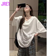 Jret大碼女裝白色慵懶風(fēng)T恤女夏季胖mm寬松遮肚V領(lǐng)短袖上衣休閑體恤 白色 L (建議100~120斤) 大碼