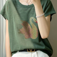 簡(jiǎn)言的夏冬短袖t恤女2025新款夏季竹節(jié)棉T恤女圓領(lǐng)洋氣百搭小衫蝙蝠袖上衣 綠色 燙鉆 L 建議105-120斤
