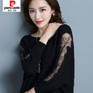 皮爾卡丹（pierre cardin）新款一字領(lǐng)針織蝙蝠衫女蕾絲袖時(shí)尚T恤潮搭顯瘦上衣春秋百搭 黑色 S