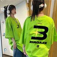 文頗100%純棉潮牌復(fù)古重磅短袖T恤女街頭風(fēng)ins百搭休閑情侶款上衣寬松 180克-熒光綠 L
