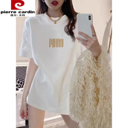 皮爾卡丹（pierre cardin）短袖女t恤杏色夏季2025新款歐貨大版中長(zhǎng)款純.棉百搭半袖上衣 白色中長(zhǎng)款短袖 黃色印花 M 100-115斤