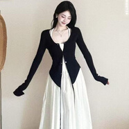 FSHE2025春夏一整套穿搭白色法式氣質(zhì)收腰吊帶連衣裙搭配修身開(kāi)衫外套 黑色開(kāi)衫+白色連衣裙(兩件套)原 S 建議80-100斤